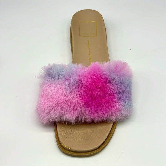 Dolce Vita - Gaia Bright Multi Colorful Tye Dye Faux Fur Slide On Sandal Size 7 - Picture 3 of 14